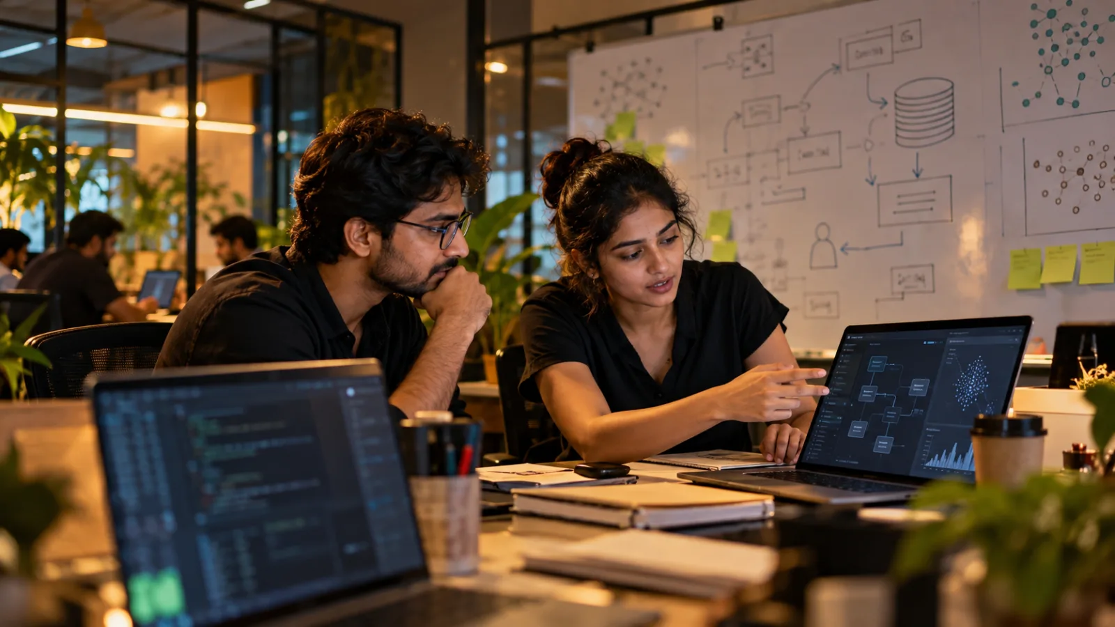 A founder and a developer reviewing a system diagram together on a laptop
