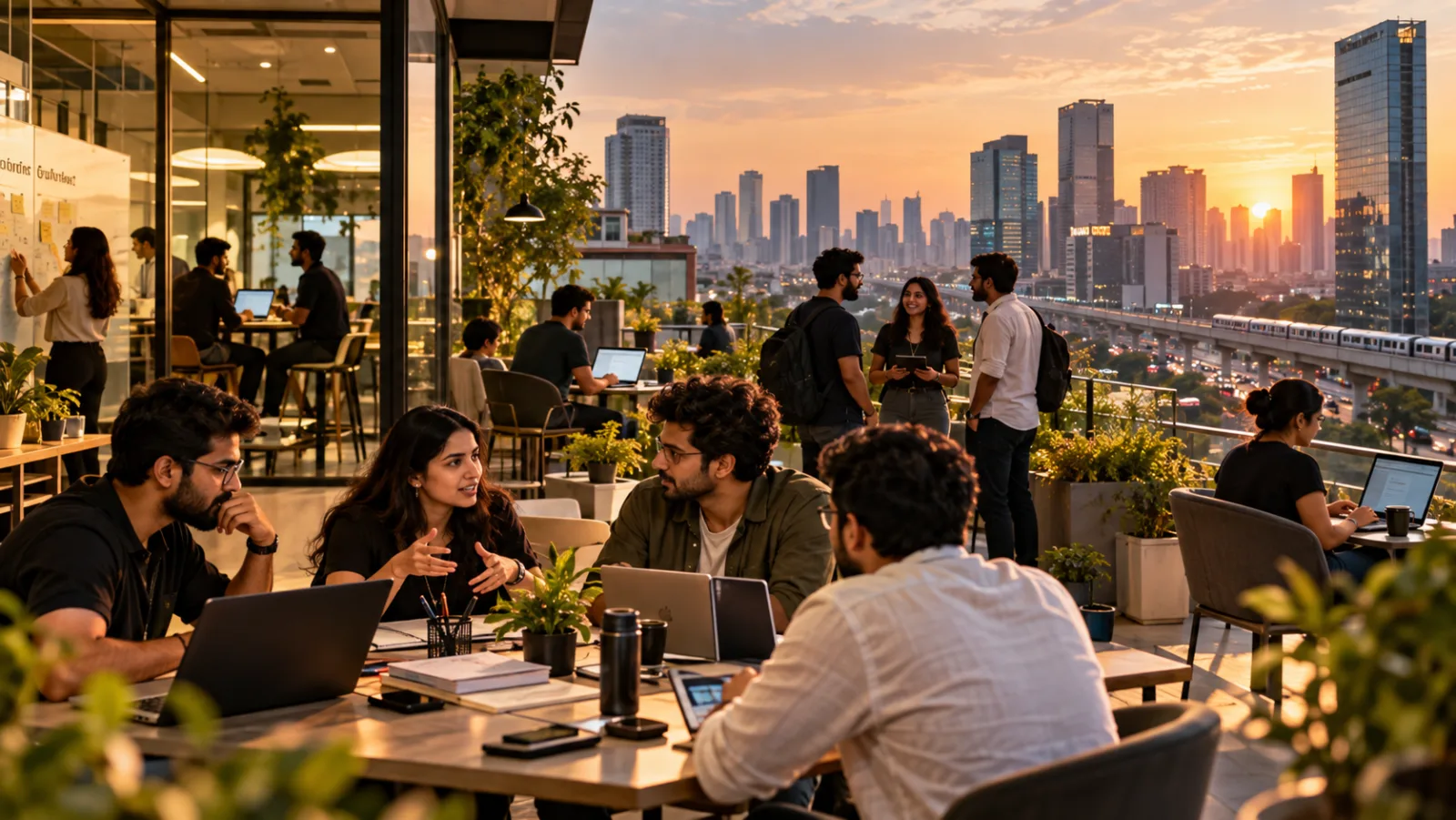 Founders working on a rooftop coworking terrace overlooking the Delhi NCR skyline at sunset