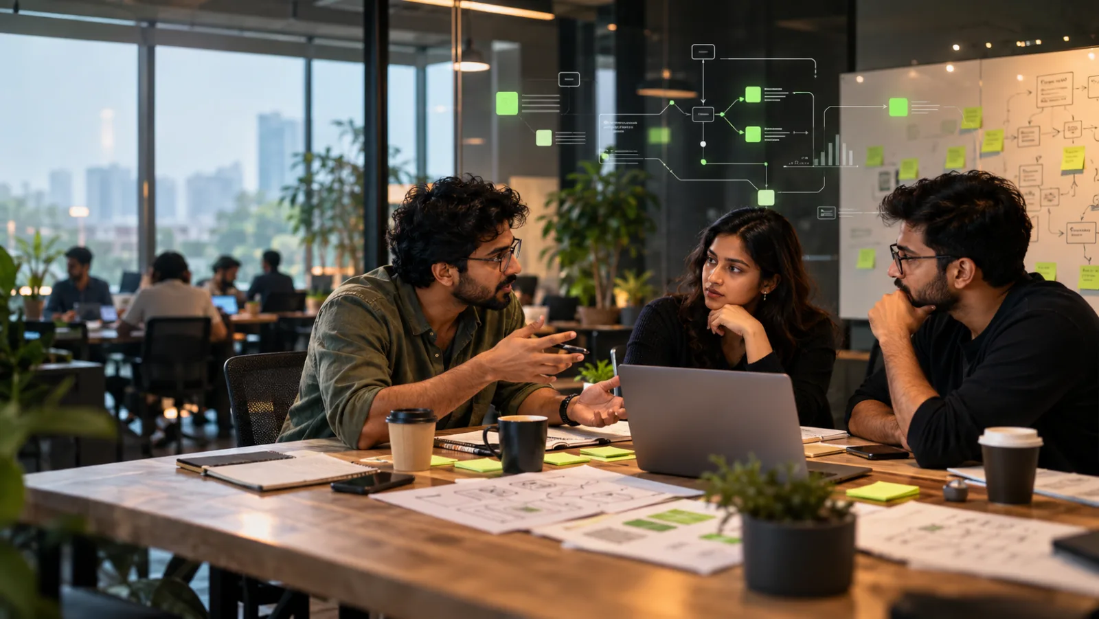 Three Indian startup founders discussing a business problem at a workspace table