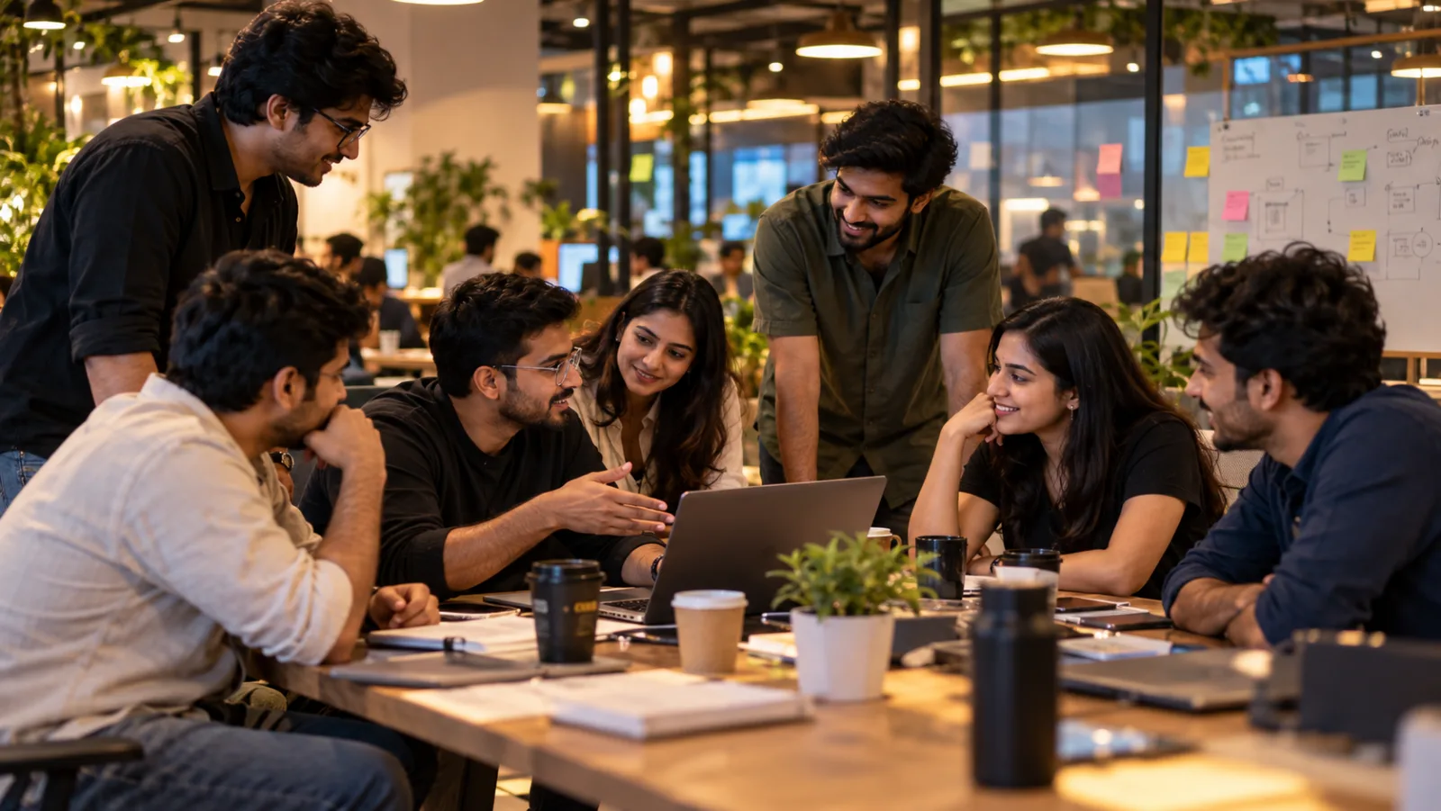 A group of Indian startup founders talking around a laptop in a coworking space