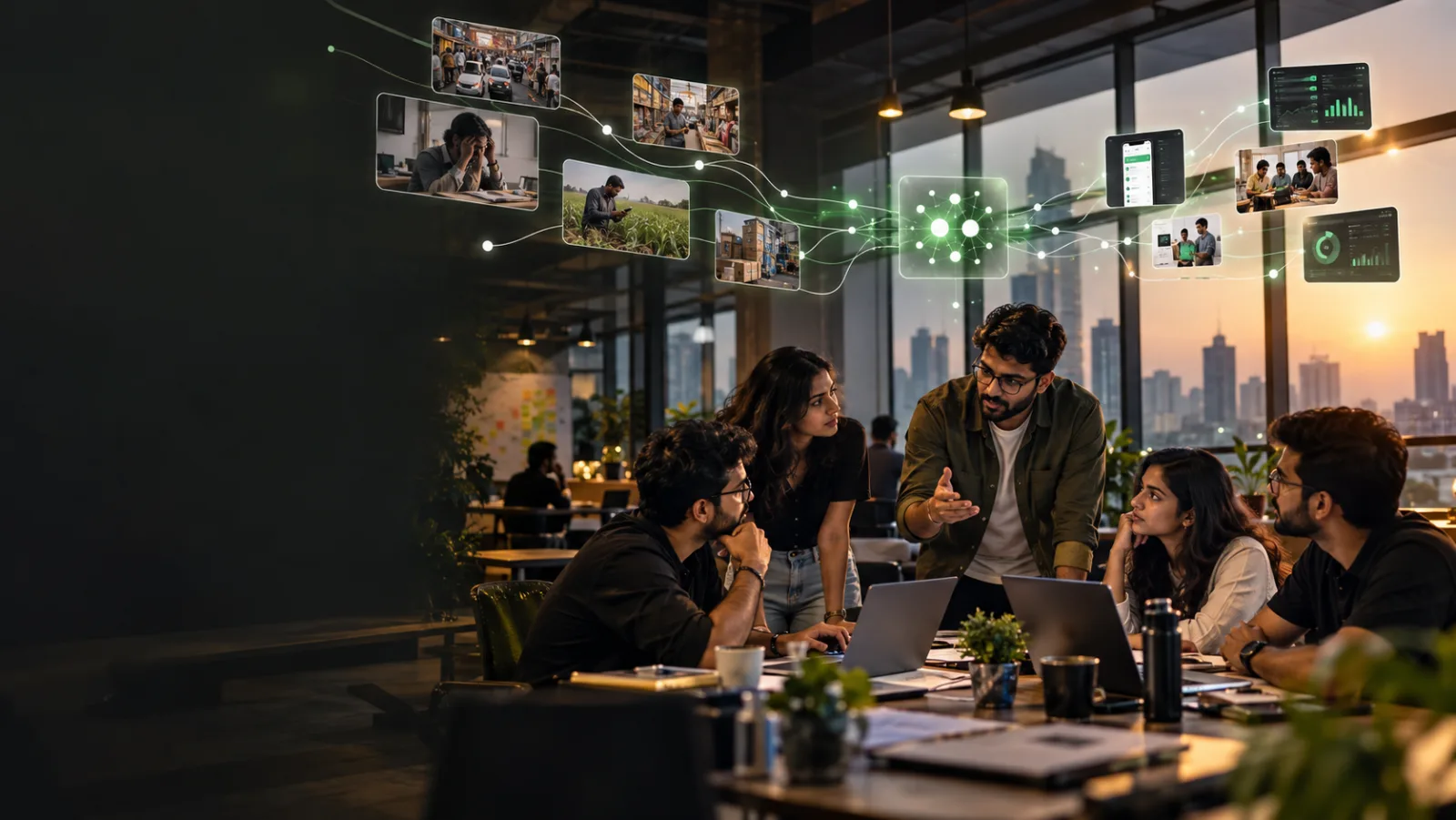 Founders in a Delhi NCR workspace reviewing real business problems as they connect into patterns and dashboards