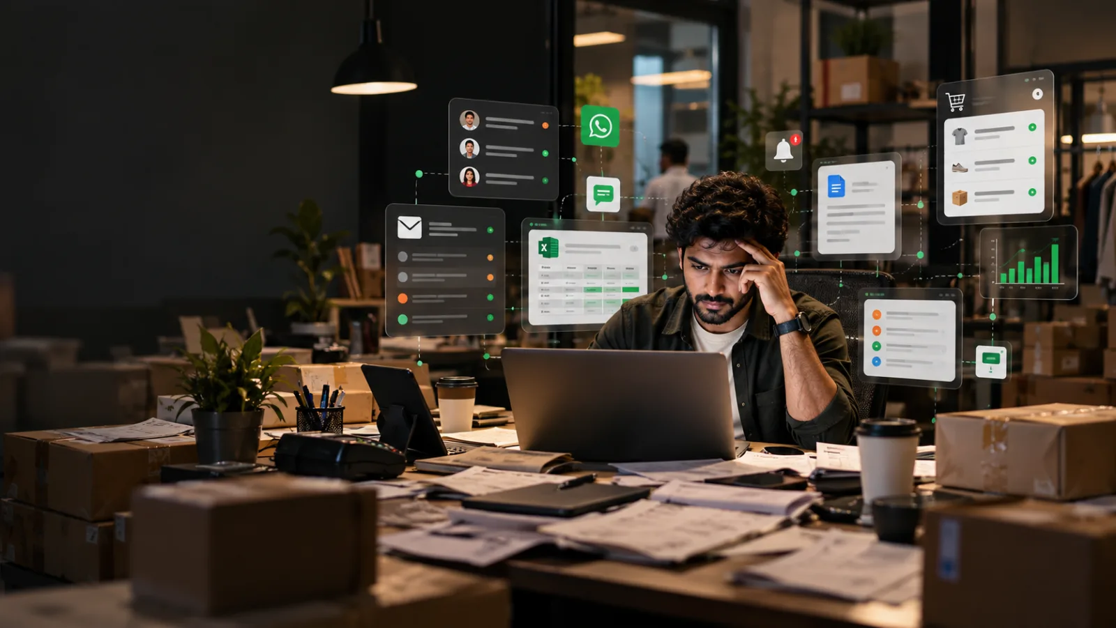 Business owner surrounded by enquiries, spreadsheets and messages competing for attention
