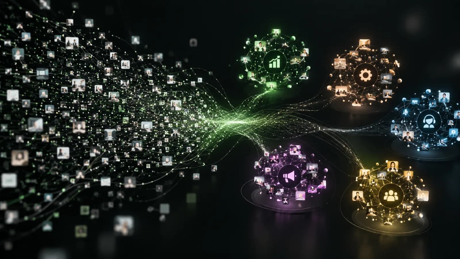Abstract visualisation of scattered business problems clustering into recurring patterns