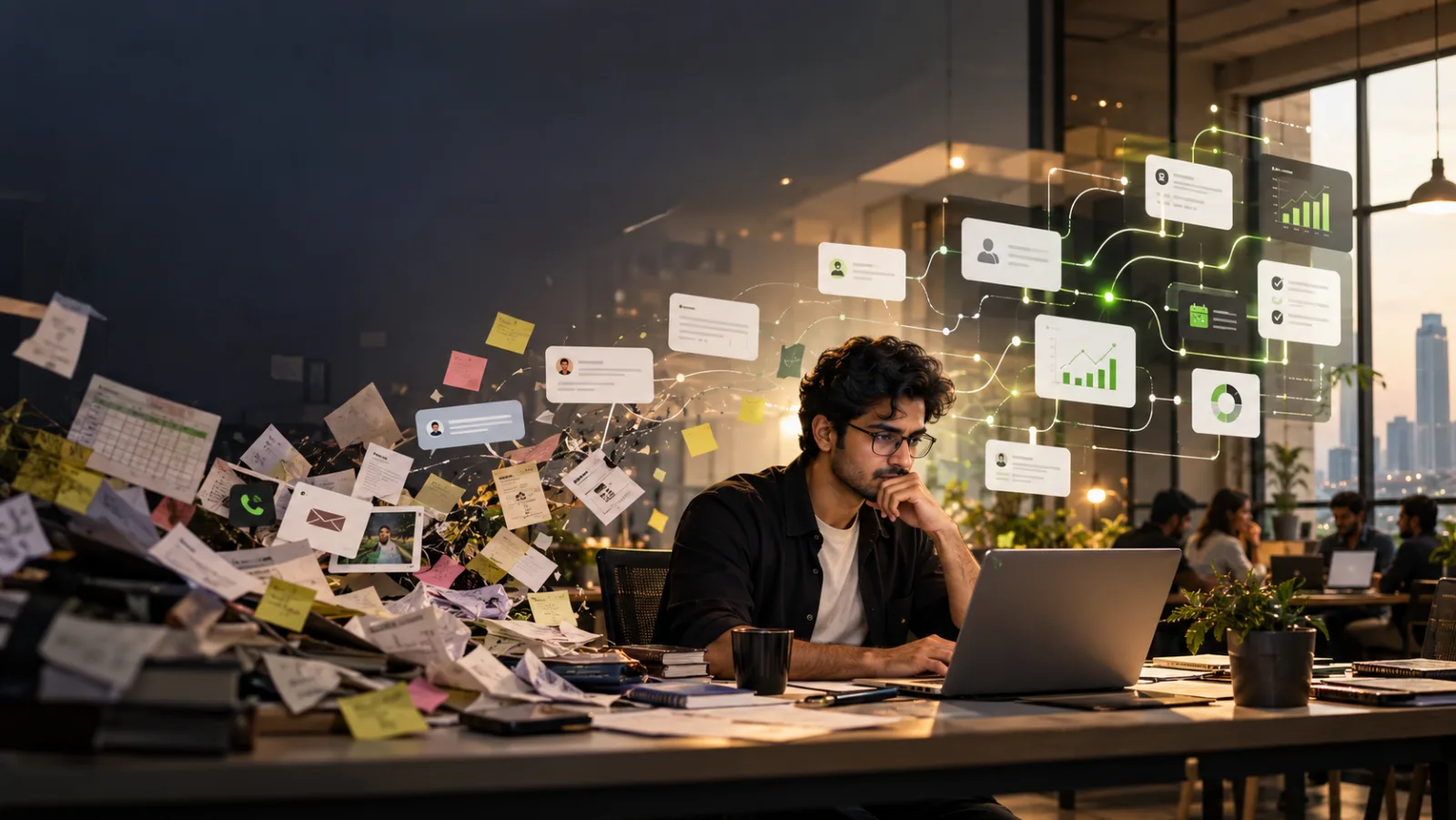 Scattered paperwork and messages resolving into an organised set of automated replies